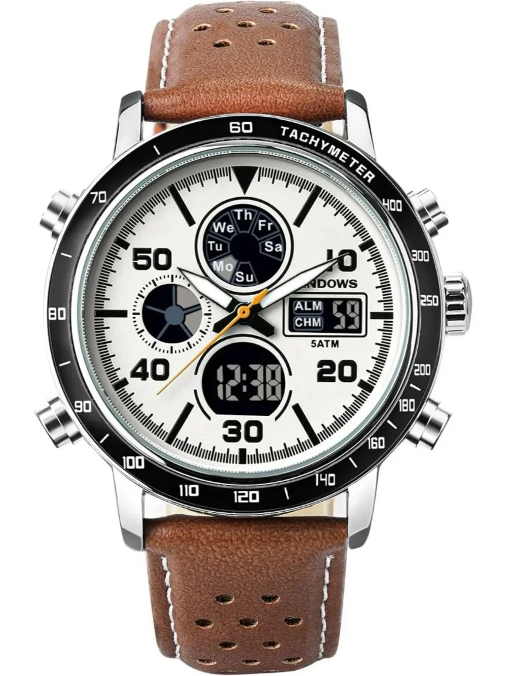 Men's Brown Analog Leather Waterproof Military Multifunctional LED Digital Watch